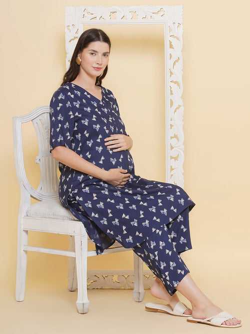 Navy Blue Printed Pattern Maternity & Nursing Kurta Set