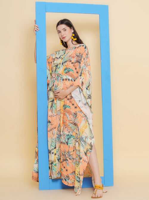 Peach Printed Maternity & Nursing Kaftaan Dress
