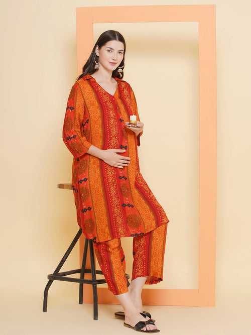 Orange Stripe Print Shirt Collar Maternity & Nursing Kurta Set