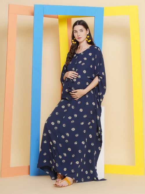 Navy Blue Printed Maternity & Nursing Kaftaan Dress