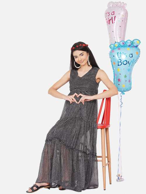 Black Floral Print Maxi Maternity Baby Shower Dress