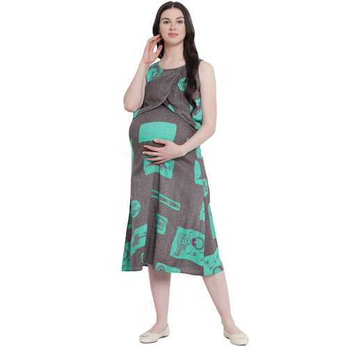 Turquoise Abstract Print Maternity and Nursing Midi Dress