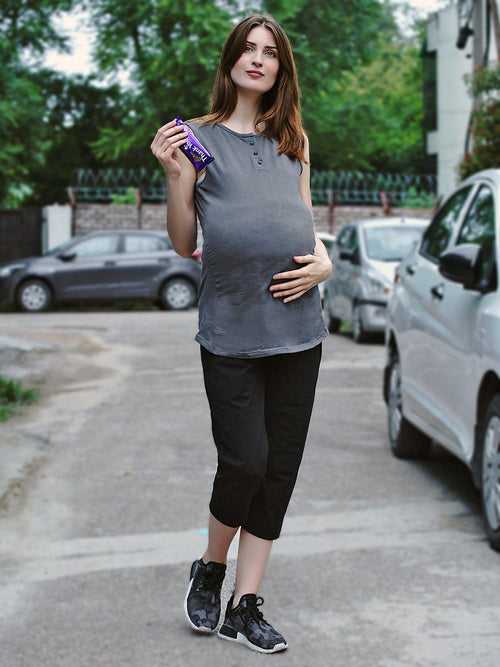 Women's Grey Cotton Maternity Yoga T-shirts