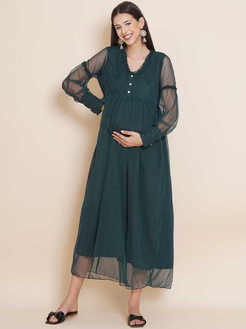 Baby Shower Solid Dark Green Color Maxi Dress