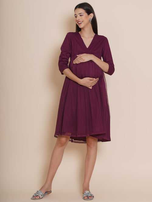 Maternity Solid Wine Short Baby Shower Dress