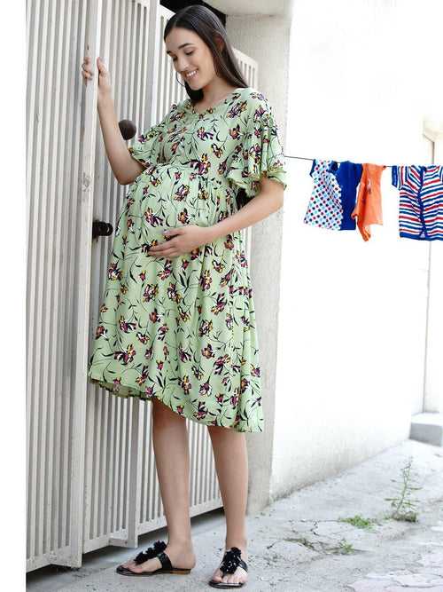 Green Floral Fit and Flare Midi Rayon Maternity & Nursing Dress