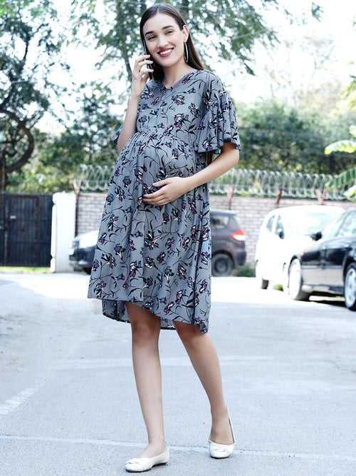 Grey Floral Fit and Flare Midi Rayon Maternity & Nursing Dress