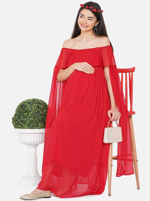 Maternity Solid Red Color Maxi Baby Shower Dress