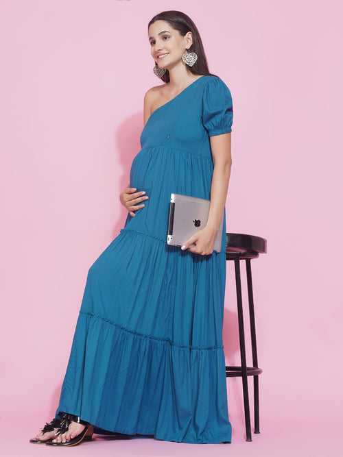 Maternity Solid Teal Blue Color Maxi Baby Shower Dress