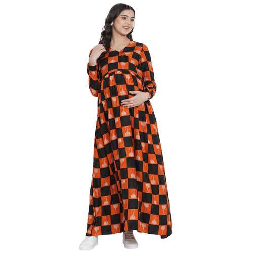 Orange A-Line Checkered Print Maternity Dress