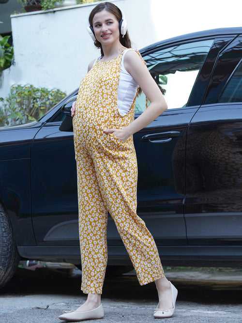 Yellow Floral Print Maternity Jumpsuit