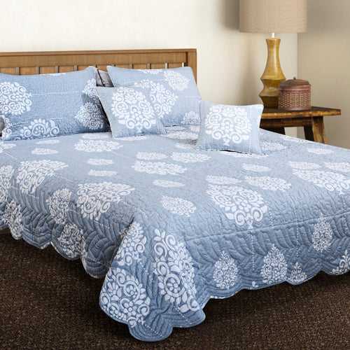 Petal Soft 100% Cotton Blue Ethnic King Size 5 Piece Quilted Bedspread Set