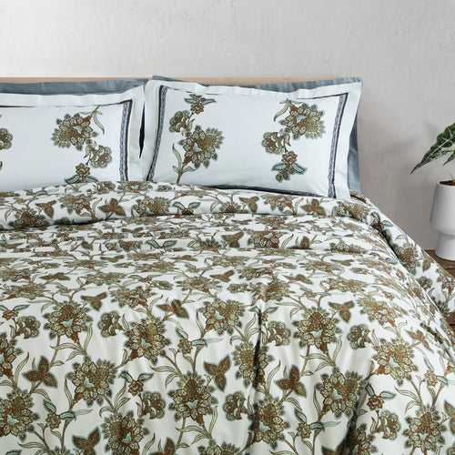 Malako Basel 350TC 100% Cotton Off-White and Green Botanic King Size Bedding