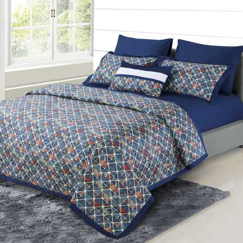 Malako Caèn 500TC 100% Egyptian Cotton Blue Modern Abstract 7 Piece Flannel Dohar Set