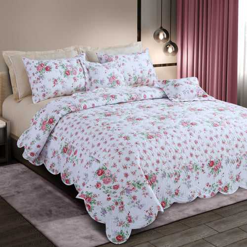 Malako Orchid 100% Cotton White Floral King Size 5 Piece Quilted Bedspread Set