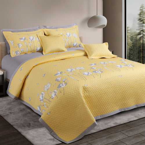 Malako Royale 100% Cotton Yellow Botanical King Size 5 Piece Quilted Bedspread Set