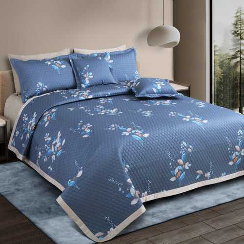 Malako Royale 100% Cotton Blue Botanical King Size 5 Piece Quilted Bedspread Set