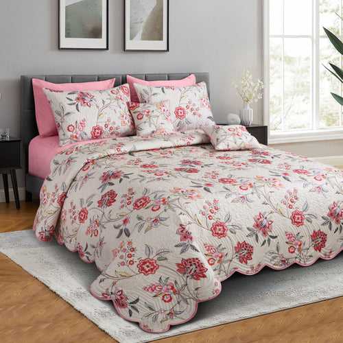 Malako Royale 100% Cotton Fohn Floral King Size 5 Piece Quilted Bedspread Set