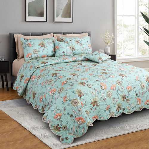 Malako Royale 100% Cotton Green Floral King Size 5 Piece Quilted Bedspread Set