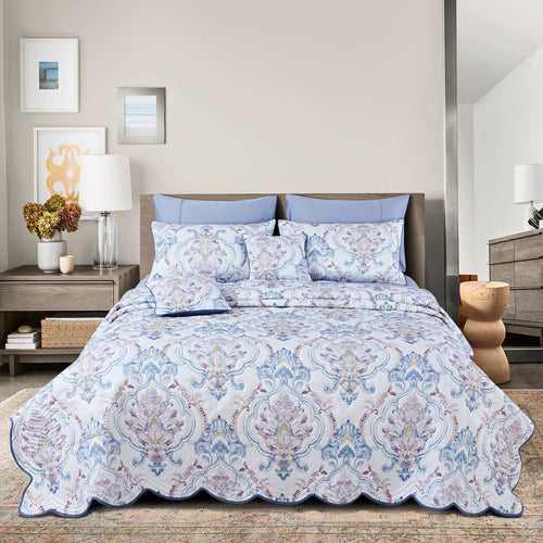 Malako Royale 100% Cotton White and Blue Ethnic King Size 5 Piece Quilted Bedspread Set