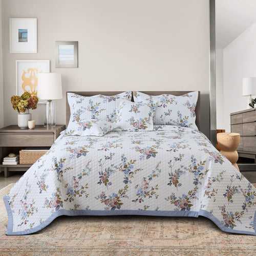 Malako Royale 100% Cotton White Floral King Size 5 Piece Quilted Bedspread Set