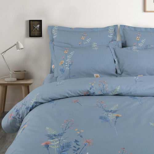 Malako Royale XL Pigeon Blue Botanic 100% Cotton King Size Bed Sheet/Bedding Set