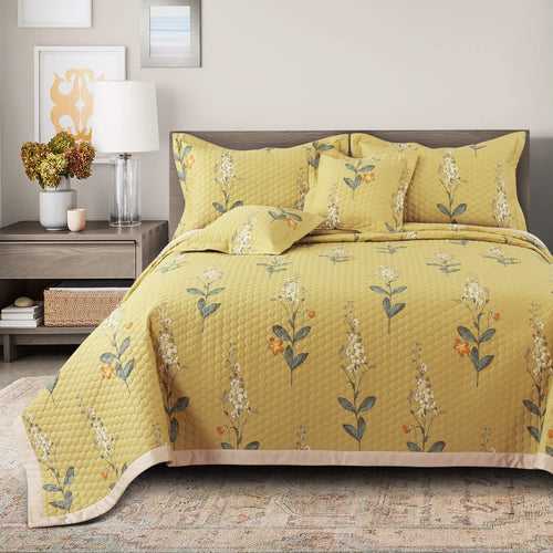 Malako Royale 100% Cotton Yellow Botanical King Size 5 Piece Quilted Bedspread Set