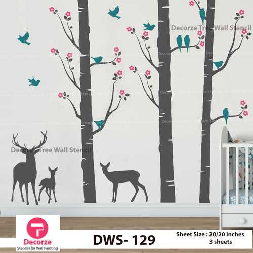 Birch Tree with Flowers Stencil | Birds and Deer Stencil | Wall Painting Designs| Painting Ideas DWS-129