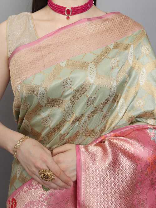 Pastel Green Color Pure Katan Silk Handwoven Banarasi Saree