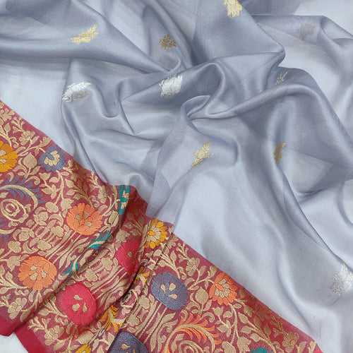 Gray Color Pure Kora Silk Handwoven Banarasi Saree