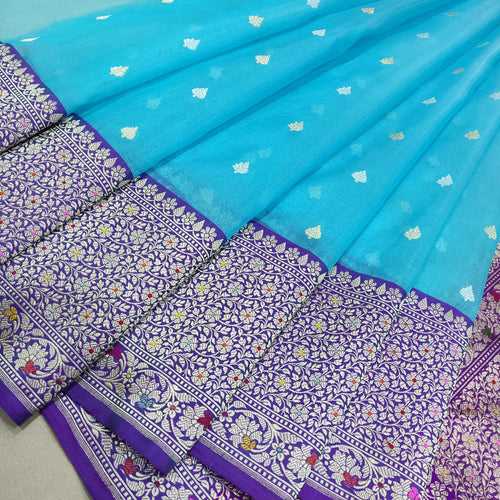 Sky Blue Color Pure Kora Silk Handwoven Banarasi Saree