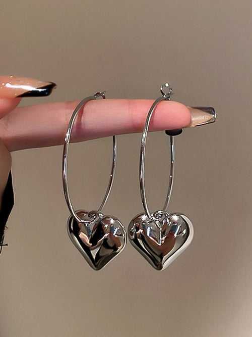 Silver Heart Charm Hoop Earrings