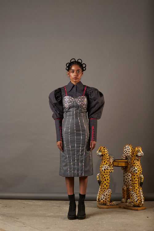 QUOD SUITING BODYCON DRESS WITH HANDWOVEN BANARASI BROCADE HIGHLIGHTS IN GREY