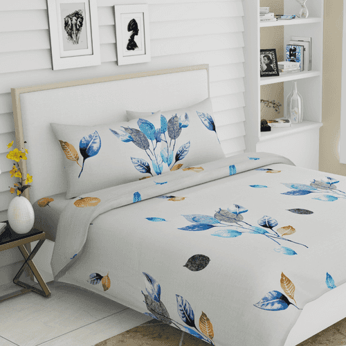 Tropical Fusion, 100% Cotton King Size Bedsheet, 186 TC, White Blue