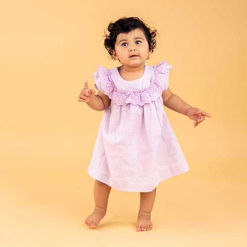 Lace Ruffled Stripe Frock with Bloomer Lilac 100% Cotton & 100% Machine washable