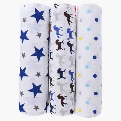 Blue Horse Collection 100% Cotton Muslin Swaddle Pack Of 3 (Navy, Horse, Dots)