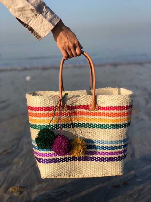 Rainbow Striped Tote with Pompoms