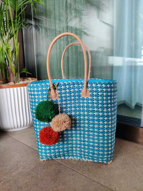 Blue Tote with Pompoms
