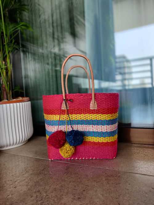 Fuschia Striped Tote with Pompoms