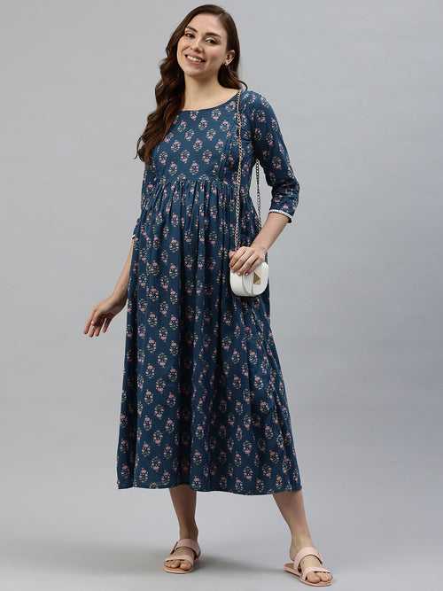 Navy Blue and Pink Floral Print Maternity Fit & Flare Midi Dress