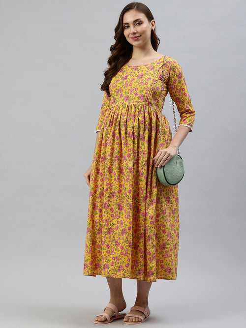 Yellow and pink Floral Print Maternity Fit & Flare Midi Dress