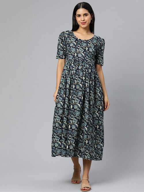 Blue Floral Print Puff Sleeve Maternity  Maxi Dress