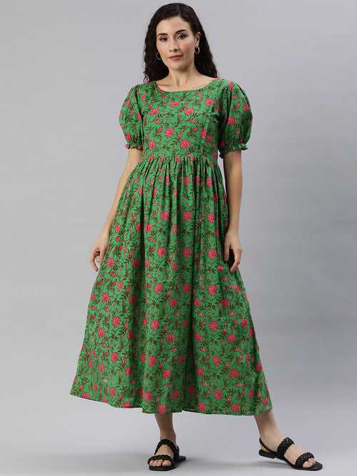 Green and Pink Floral Print Puff Sleeves Maternity Maxi Dress