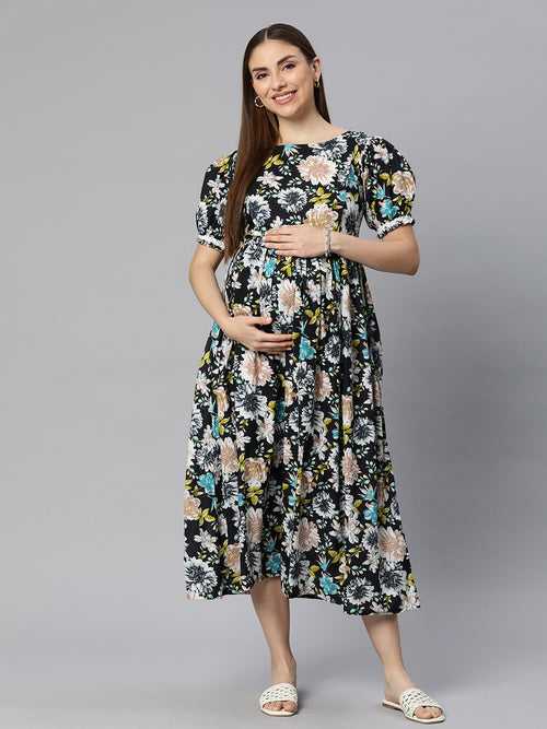 Black Floral Print Puff Sleeve Maternity Fit & Flare Maxi Dress