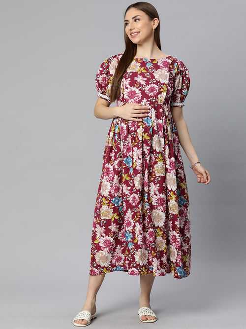 Red Floral Print Puff Sleeve Maternity Fit & Flare Maxi Dress