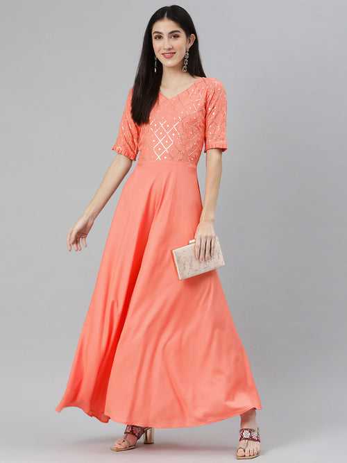 Peach-Coloured Sequined Maxi Dress