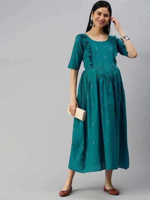 Green Pure Cotton Ethnic Motifs Maternity Midi Dress