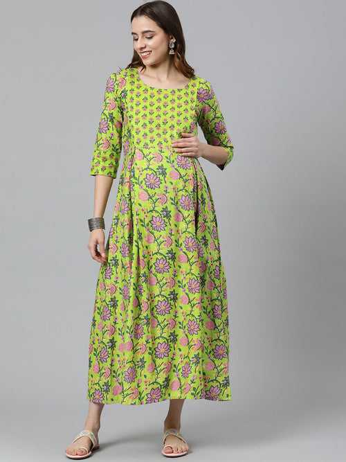 Green Floral Printed Fit & Flare Maternity Maxi Dress