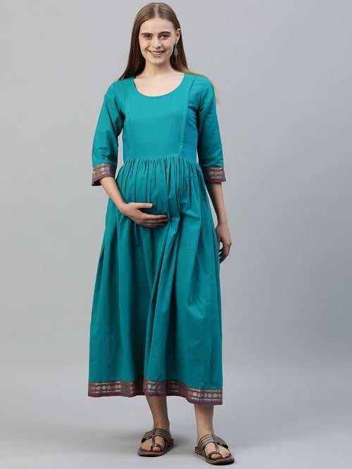 Blue solid Maternity Fit & Flare Maxi Dress