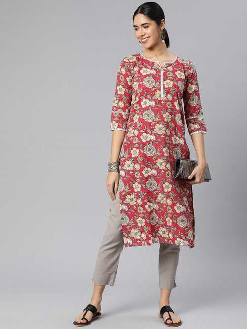 Women Red Floral Printed Kurta